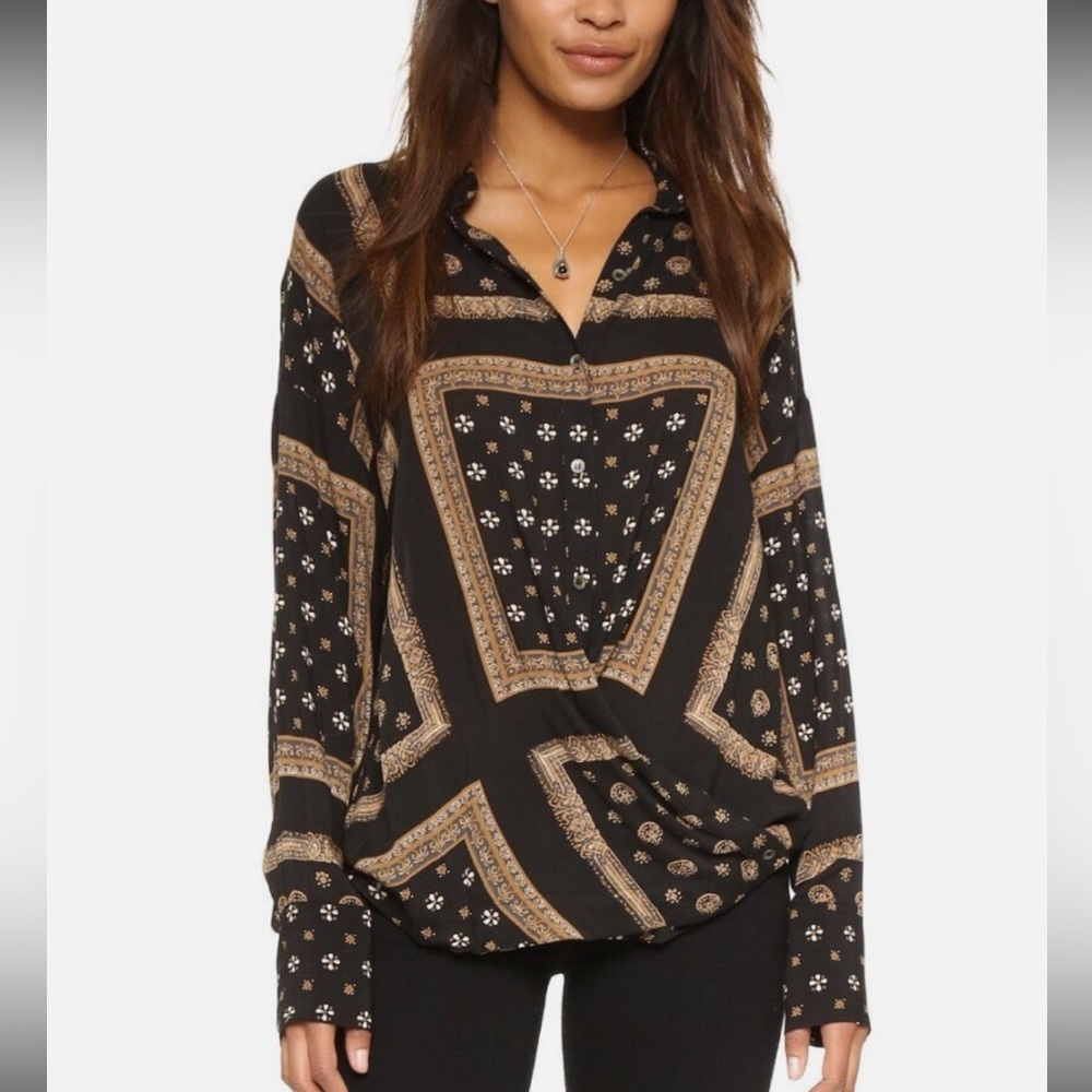 Free People Little Secrets Scarf Print Long Sleeve Button Down Top Shirt